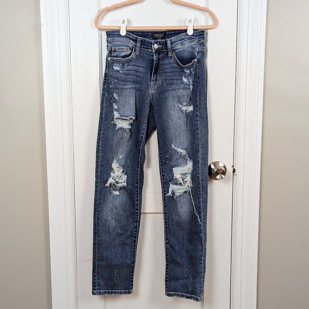 Judy Blue Distressed Boyfriend Jeans - Dark Blue Wash